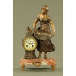 A French spelter figural clock garniture, "Fermier" after Francois Moreau,