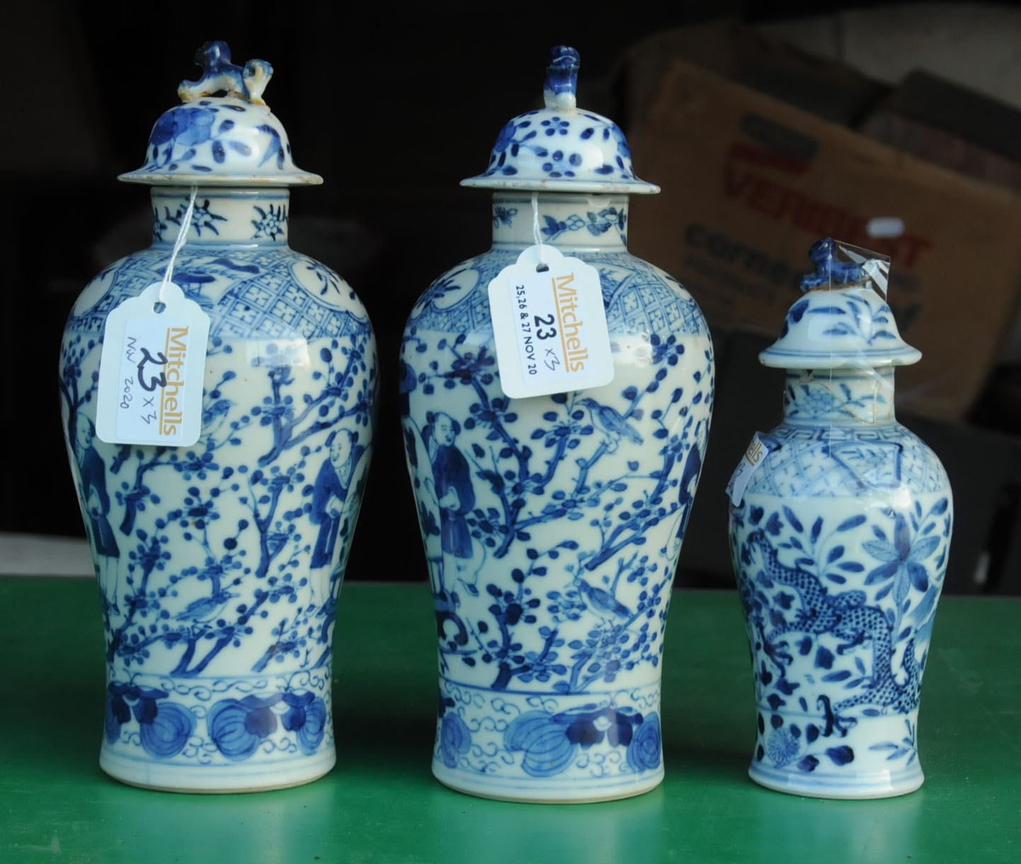 A pair of Chinese blue and white lidded vases, and another similar but smaller, - Image 5 of 14