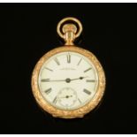 A Waltham pocket watch, knob wind, with stag and foliate engraved case, with crescent trademark.