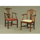 Two 19th century mahogany armchairs, each with arched top rail and pierced splat back,