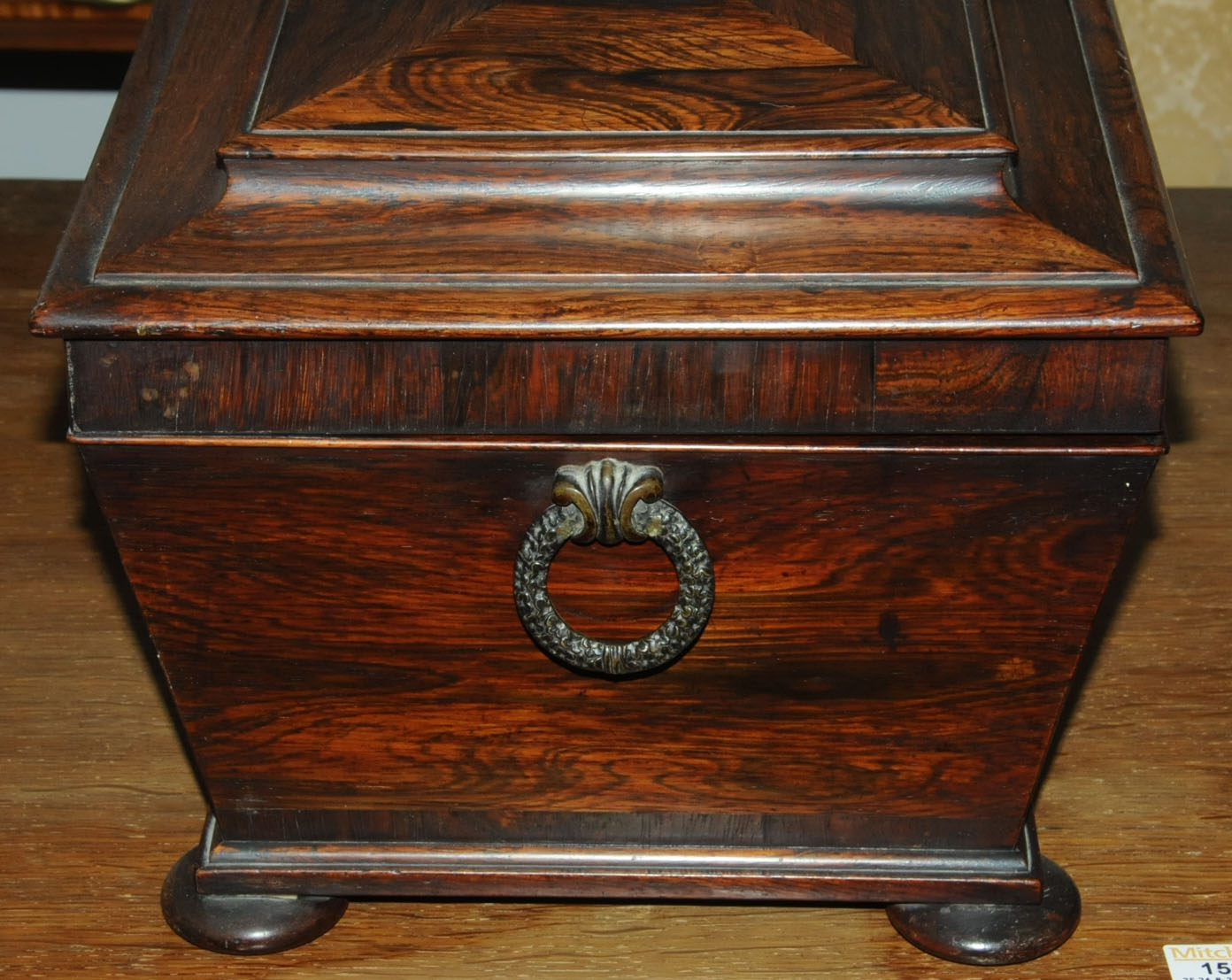 A Regency rosewood table box, with bronze handles, sarcophagus form with interior fitted for sewing. - Image 4 of 10