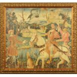 A large print depicting a falconry scene. 90 cm x 97 cm, with good gilt frame.