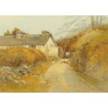 Arthur Tucker, watercolour, Lakeland farmhouse and lane with hens. 24.