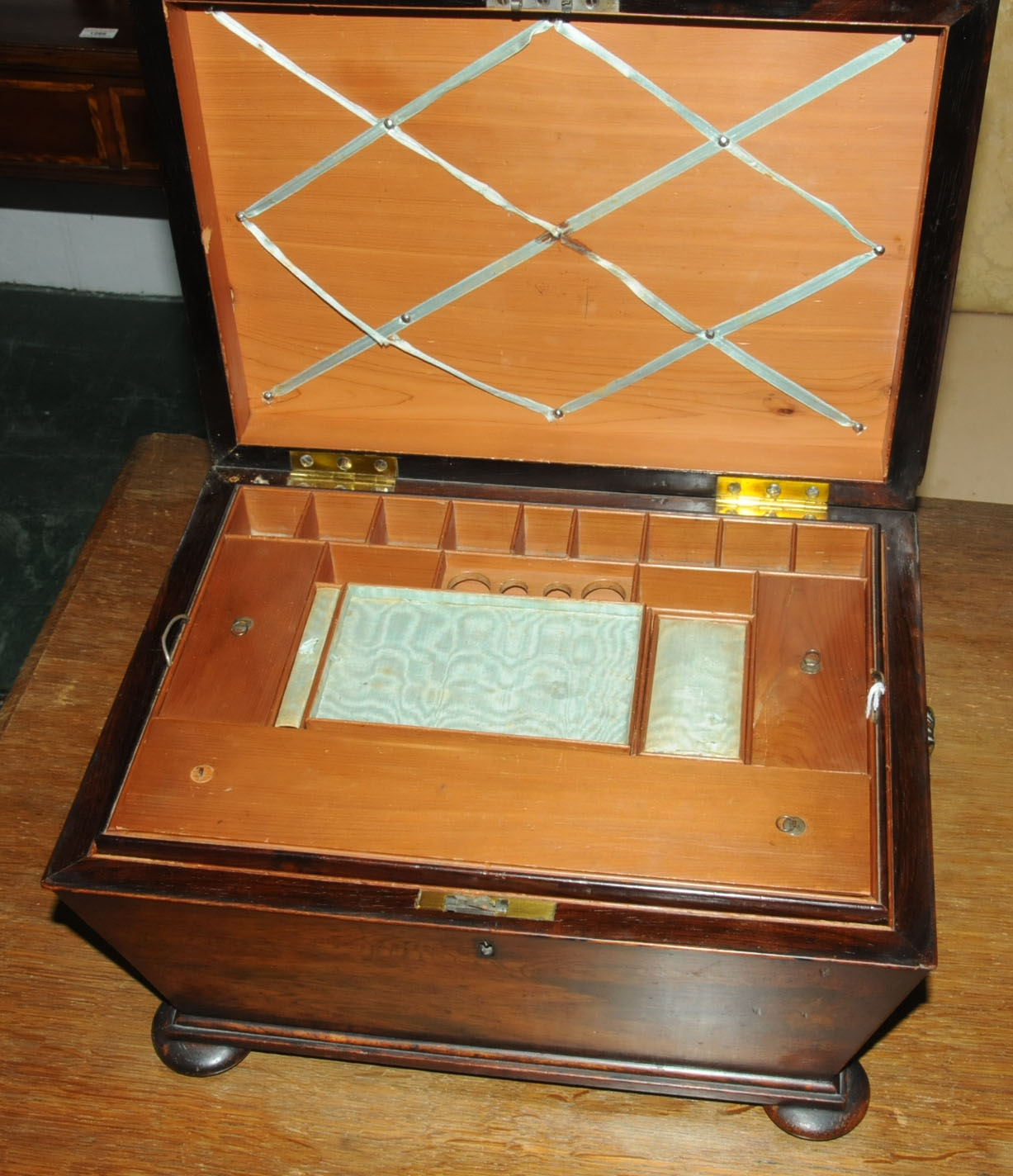A Regency rosewood table box, with bronze handles, sarcophagus form with interior fitted for sewing. - Image 8 of 10
