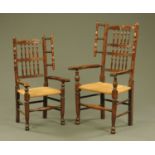 Two 18th century elm mother and child wool winder spindle back armchairs.