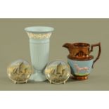 A Wedgwood Queen's Ware blue and white vase, a lustre jug and 2 marine pot lids.