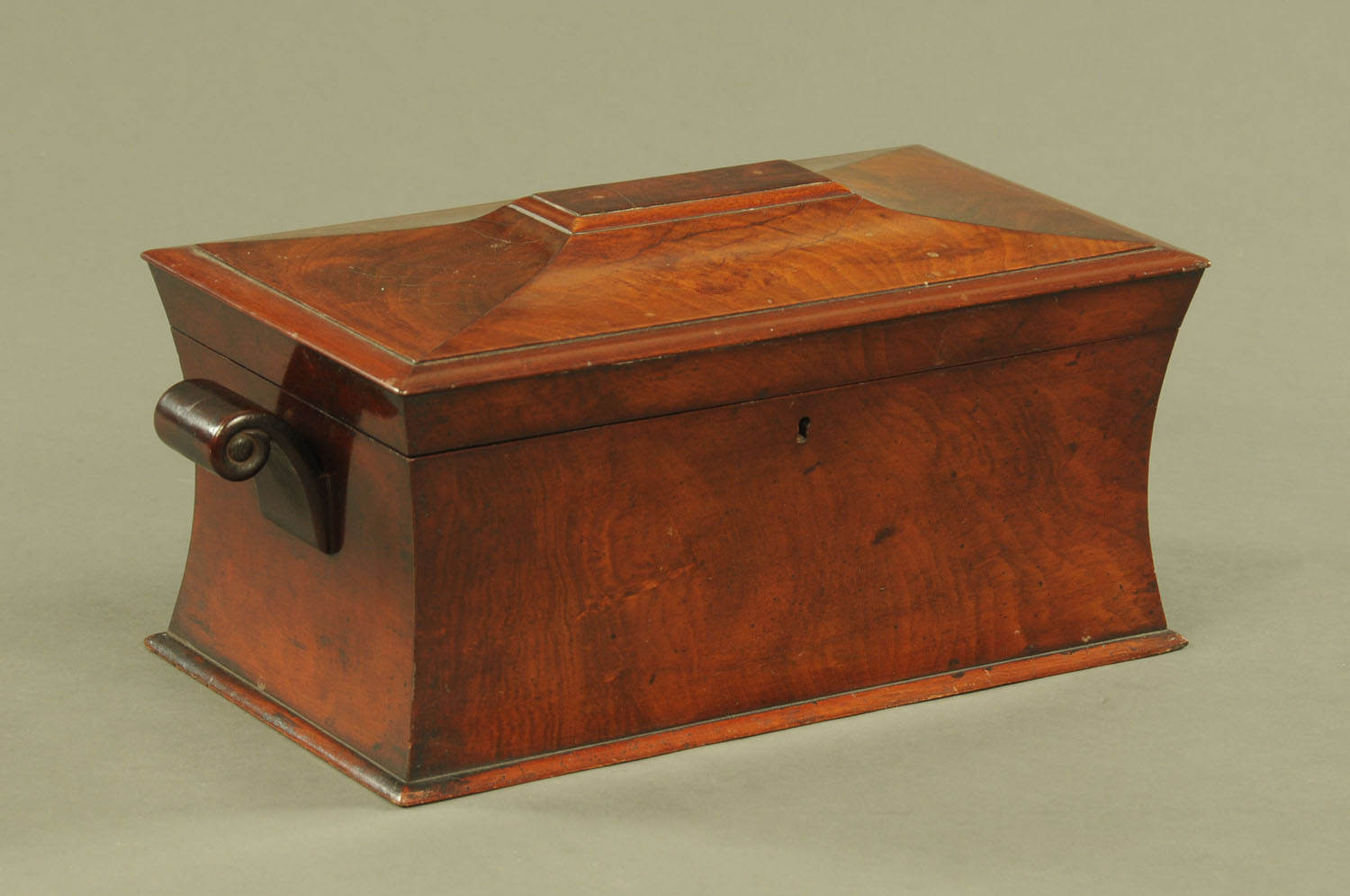 A Regency mahogany sarcophagus shaped tea caddy, with scroll handles and fitted interior.