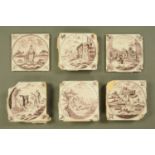 Six 18th century puce ware tiles, each 13 cm x 13 cm.