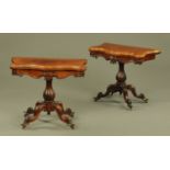 A pair of Victorian rosewood serpentine fronted turnover top card tables,
