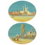 A pair of Eastern watercolours, Temple and figural scenes with camels, oval, 39 cm x 30 cm.