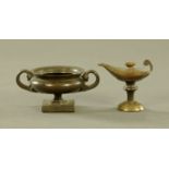Two small 19th century bronze Grand Tour items, urn, diameter 8 cm and oil lamp, height 7 cm.