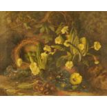 Frederick Stanier, oil on canvas, still life of birds nest and spring flowers.