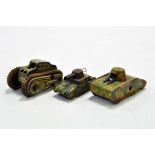 Trio of interesting tin plate military tanks including DRGM.