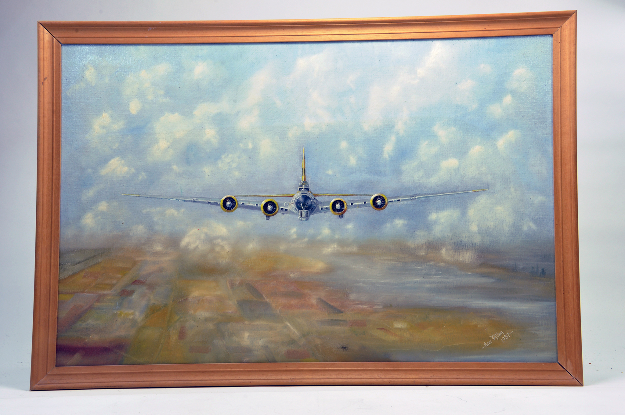 Large Original Canvas Painting by Peter Allen (1987) of a USAF B-17 Flying Fortress. Signed.