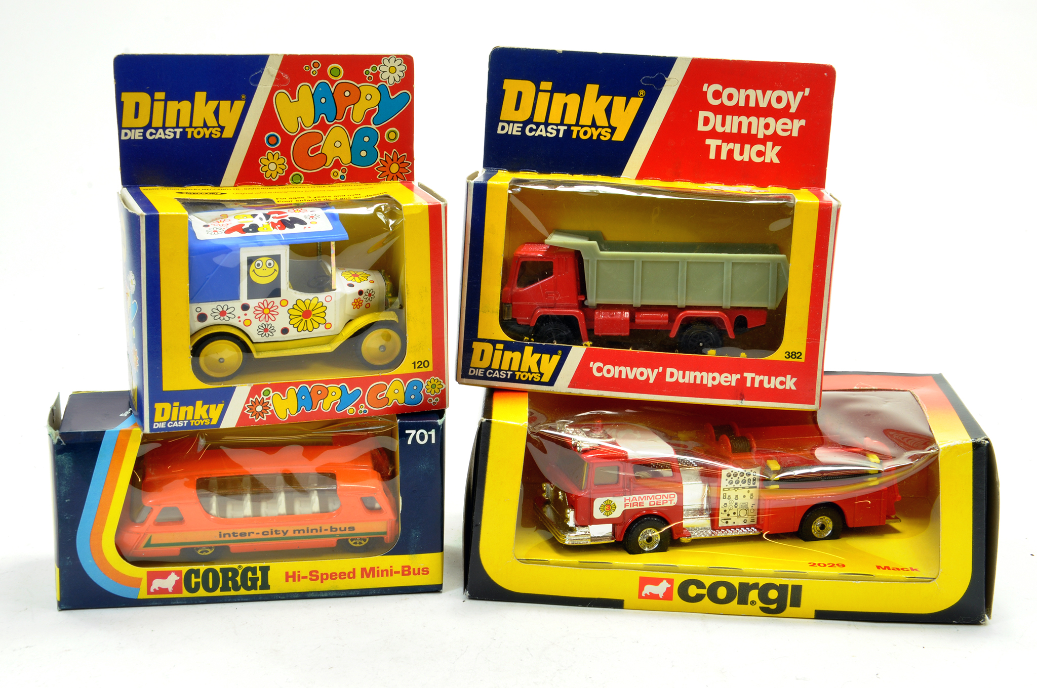 Dinky No. 120 Happy Cab, No. 382 Convoy Truck plus Corgi No. 2029 Fire Truck and No. 701 Hi-Speed