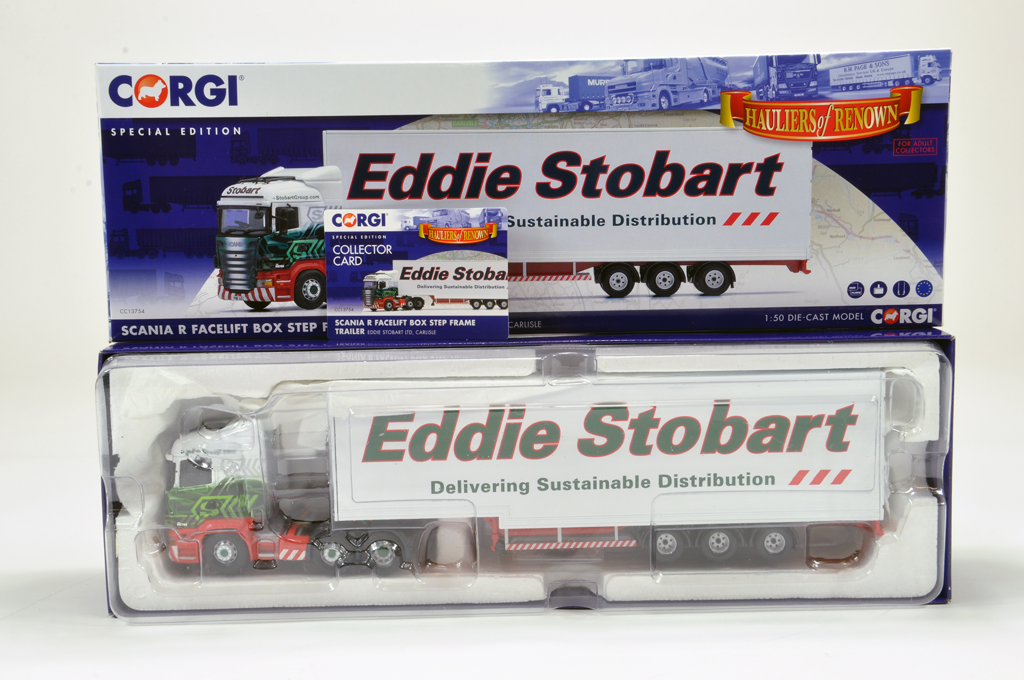 Corgi Diecast Truck Issue comprising No. CC13754 Scania R Facelift Box Step Frame Trailer in