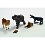 Metal animal figure group comprising Elephant, Lioness, Camel, Dog and Hippo (flat).