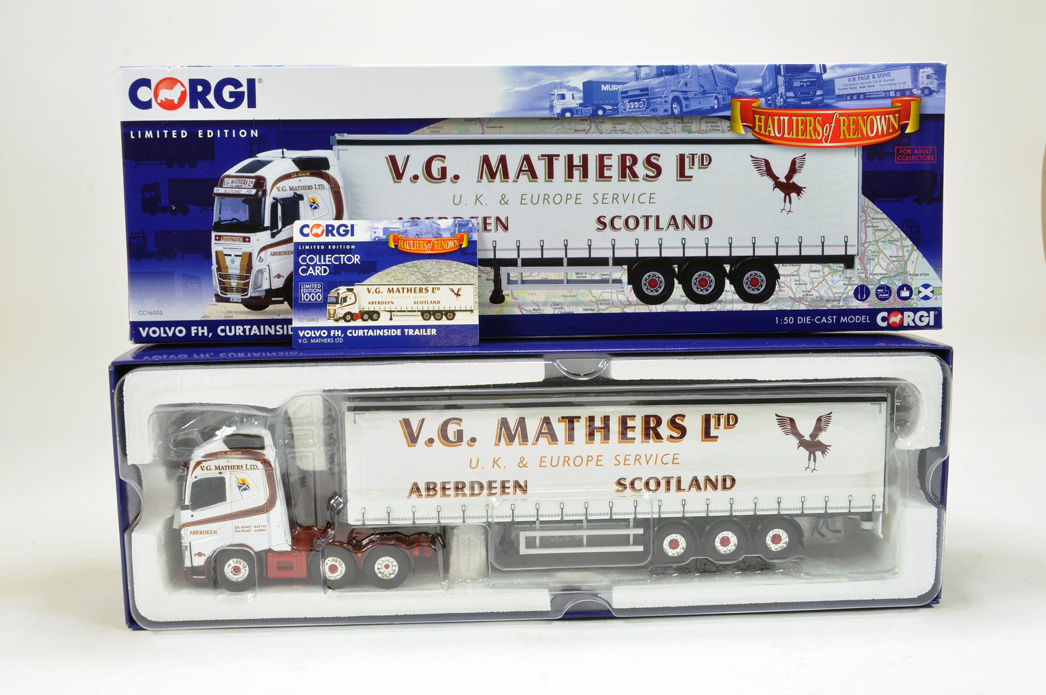 Corgi Diecast Truck Issue comprising No. CC16003 Volvo FH curtain side trailer in the livery of VG.