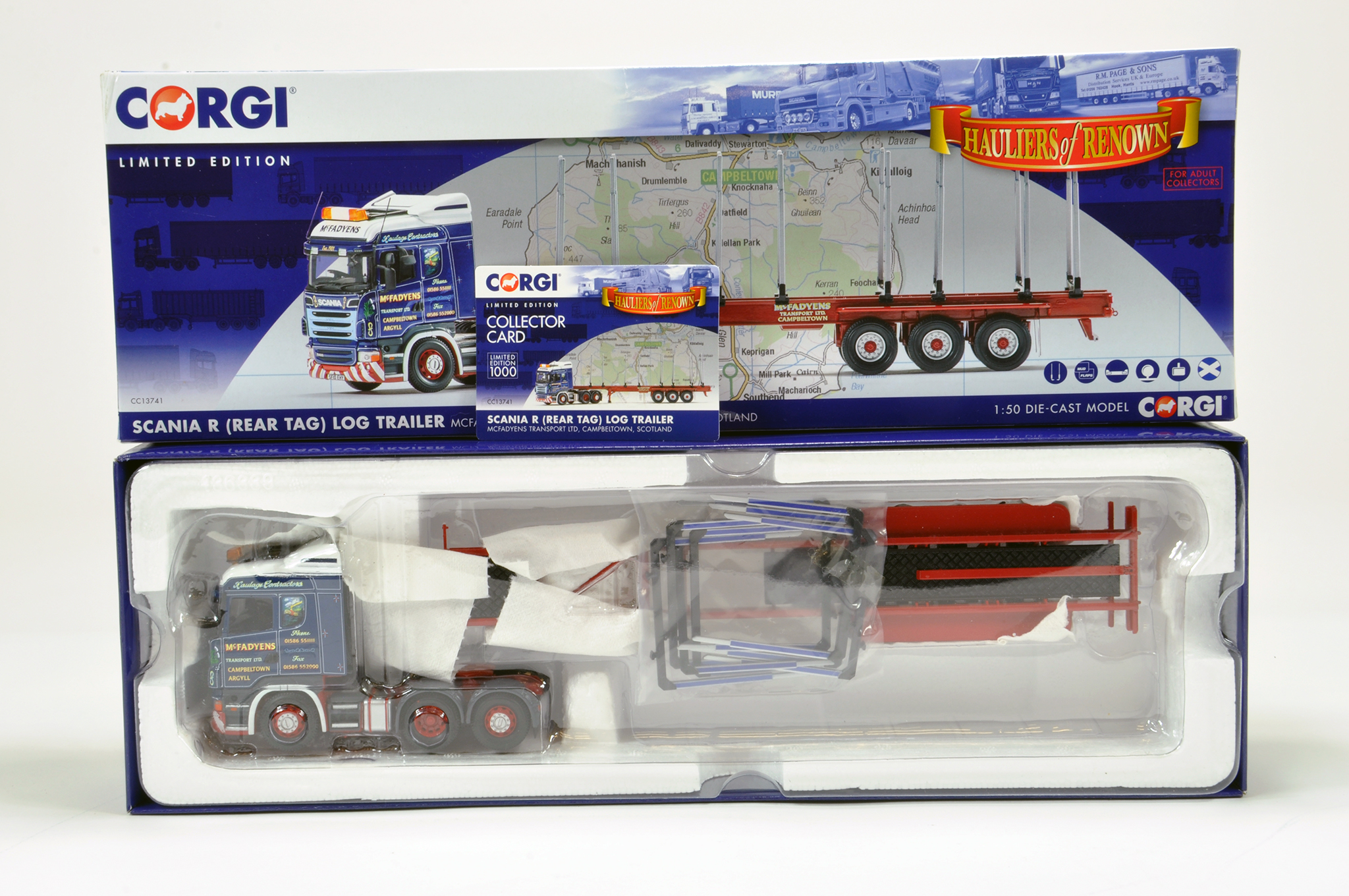 Corgi Diecast Truck Issue comprising No. CC13741 Scania R Log Trailer in livery of McFaydens
