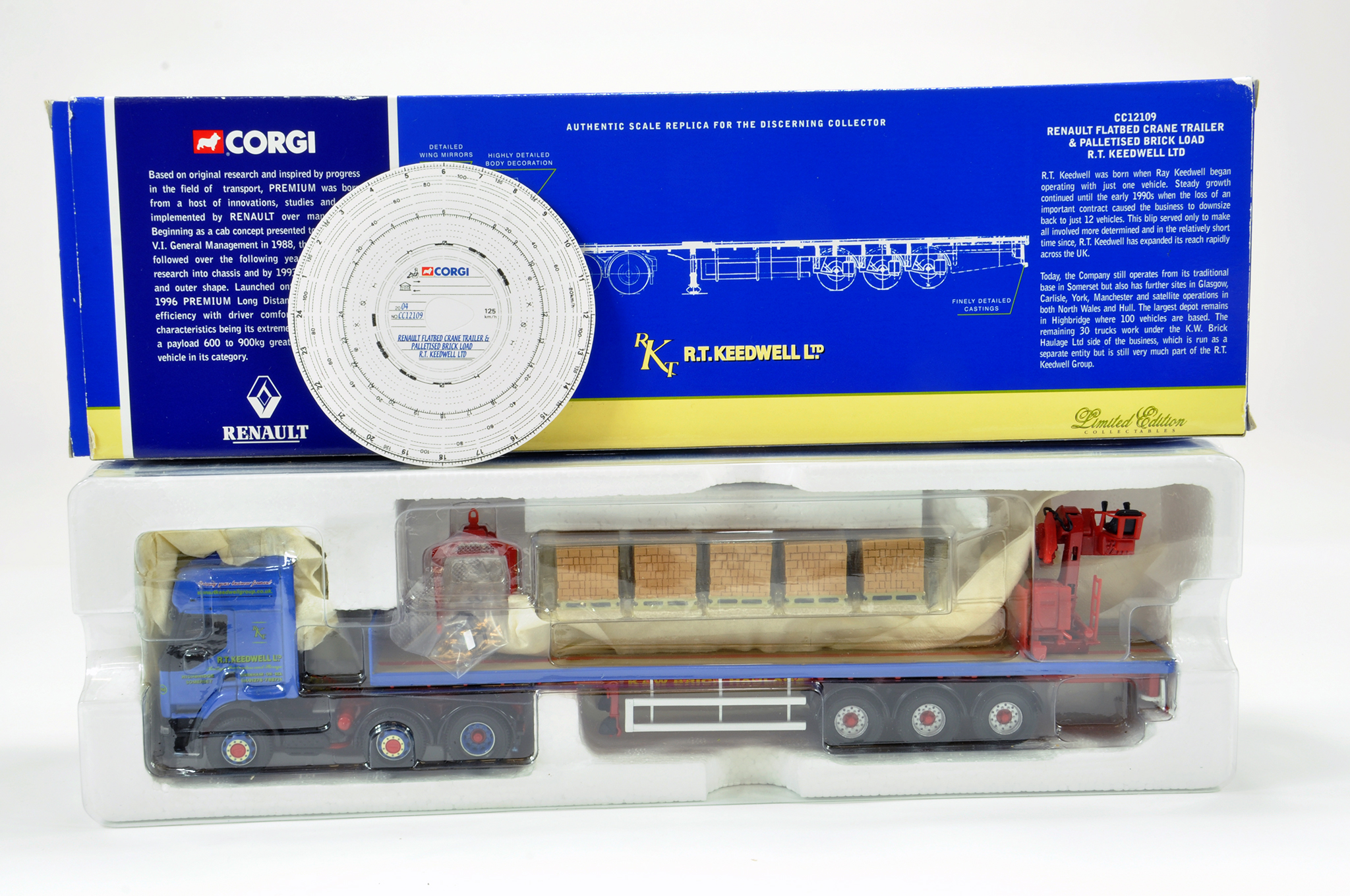 Corgi Diecast Truck Issue comprising No. CC12109 Renault Flatbed Crane Trailer in livery of RT