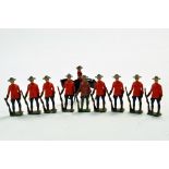 Johillco metal figure group comprising Canadian Mounties on foot plus one other. Generally Good.