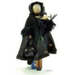 Antique Doll. Believed German Wooden Grodnertal Doll, 12". Dressed beautifully as a presumed widow