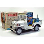 Modern Toys Japan Large (30cm) Tinplate Battery Operated Police Jeep with Policemen. Complete.