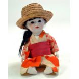 Antique Doll. Japanese Ichimatsu 9" Gofun Doll in original clothing. Markings on rear of head. Glass