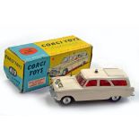 Corgi No. 419 Ford Zephyr Motorway Patrol Car, off white body, red interior, flat spun hubs, thin