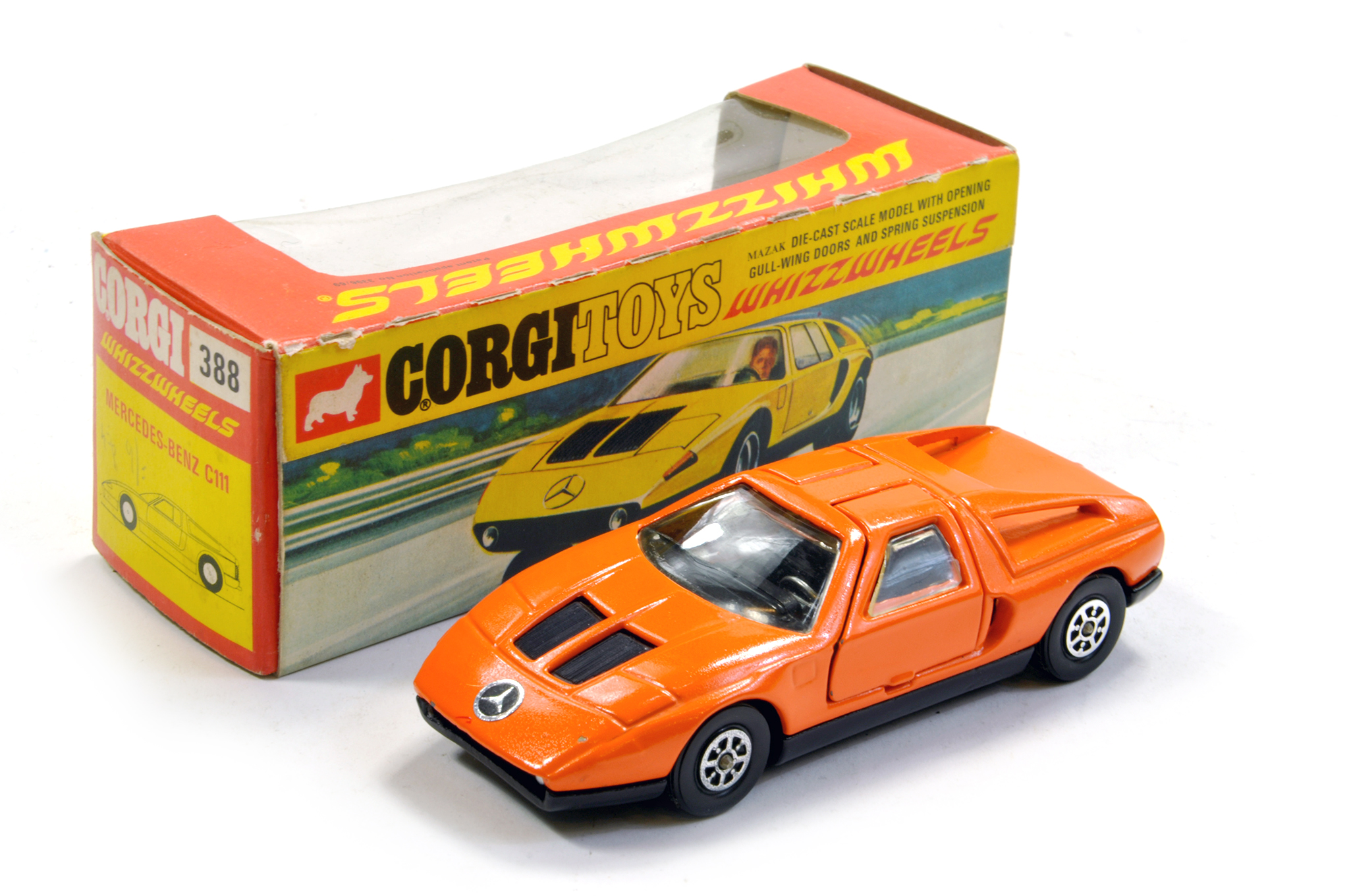 Corgi Whizzwheels No. 388 Mercedes C111 with orange body. Excellent to Near Mint in Excellent Box.