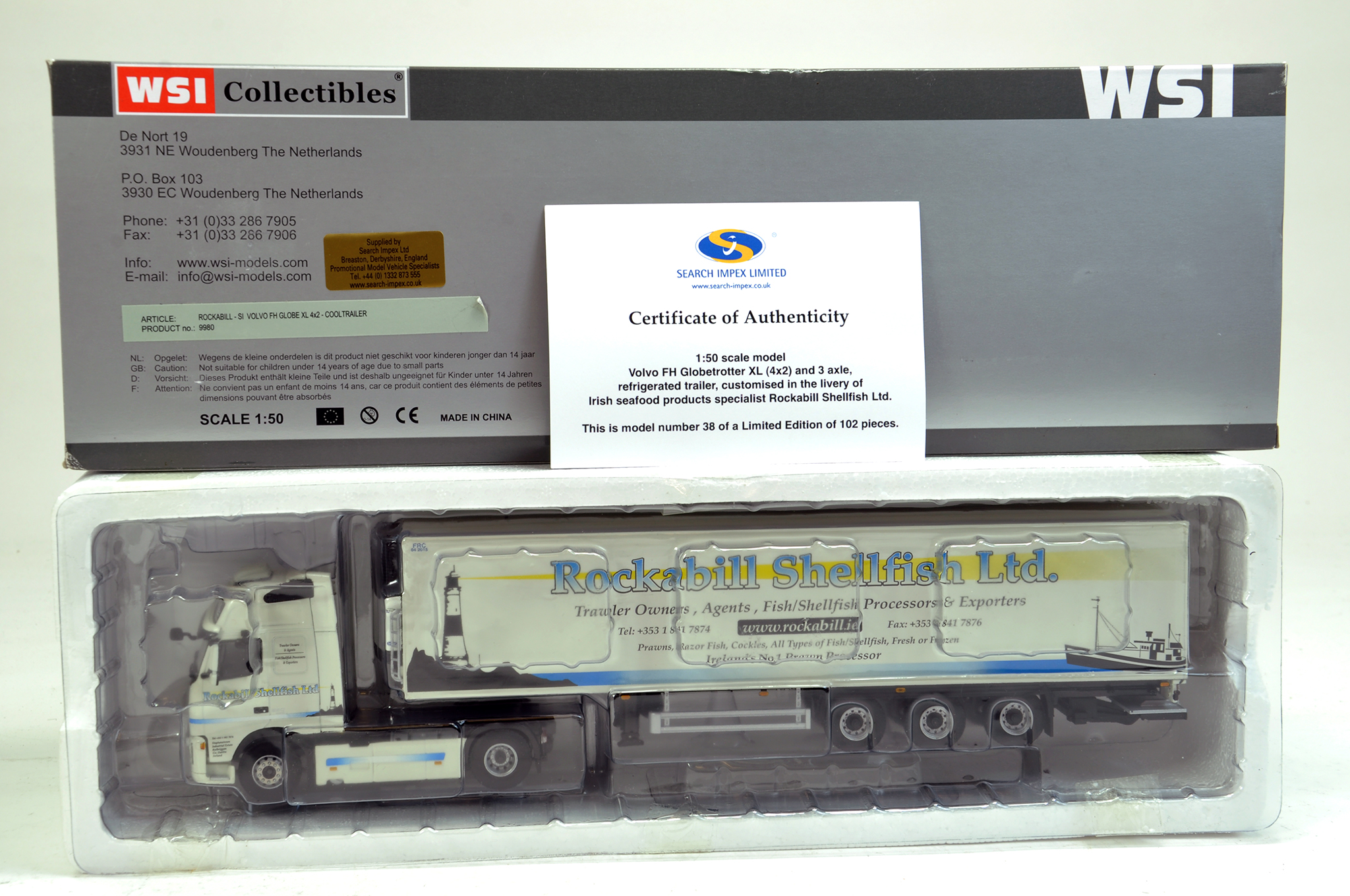 WSI 1/50 truck issue comprising Volvo FH Globetrotter XL (4X2) and 3 Axle Fridge Trailer in the