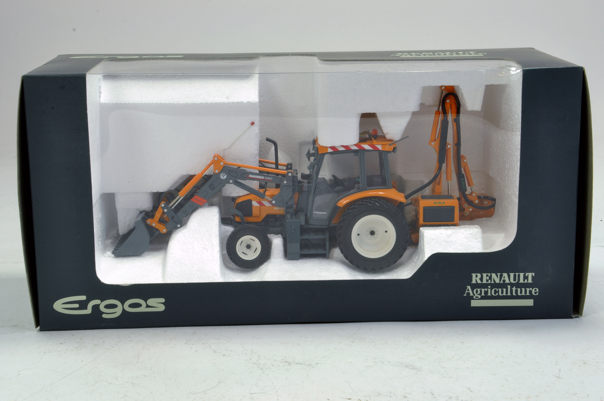 UH 1/32 Renault Ergos Tractor with Front Loader and Hedgecutter. Looks to be near mint, likely to