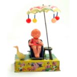 CK Toy Japan 1940's Scarce tinplate and celluloid issue of 'Happy life', girl sunbathing with duck