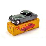 Dinky No. 157 Jaguar XK120 Coupe with green body, silver trim, and chrome spun hubs. Generally