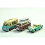 Trio of Corgi diecast issues including Aston Martin, Ice Cream Van and Camper. Generally good.