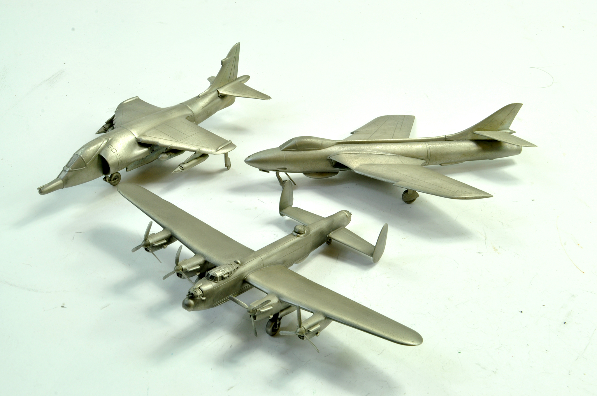 Trio of Pewter Aircraft, approx 1/72. Comprising Lancaster, Harrier and one other. Some light