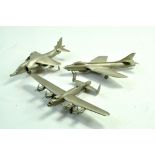 Trio of Pewter Aircraft, approx 1/72. Comprising Lancaster, Harrier and one other. Some light