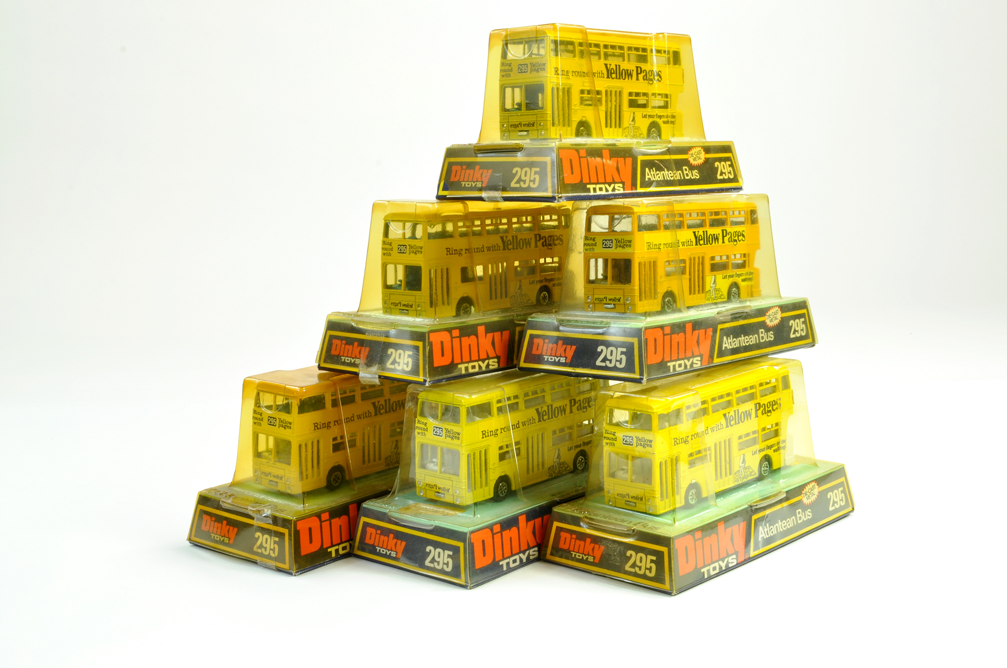 A pyramid tower of Dinky No. 295 Atlantean bus issues x 6. Excellent in good boxes, some bubbles