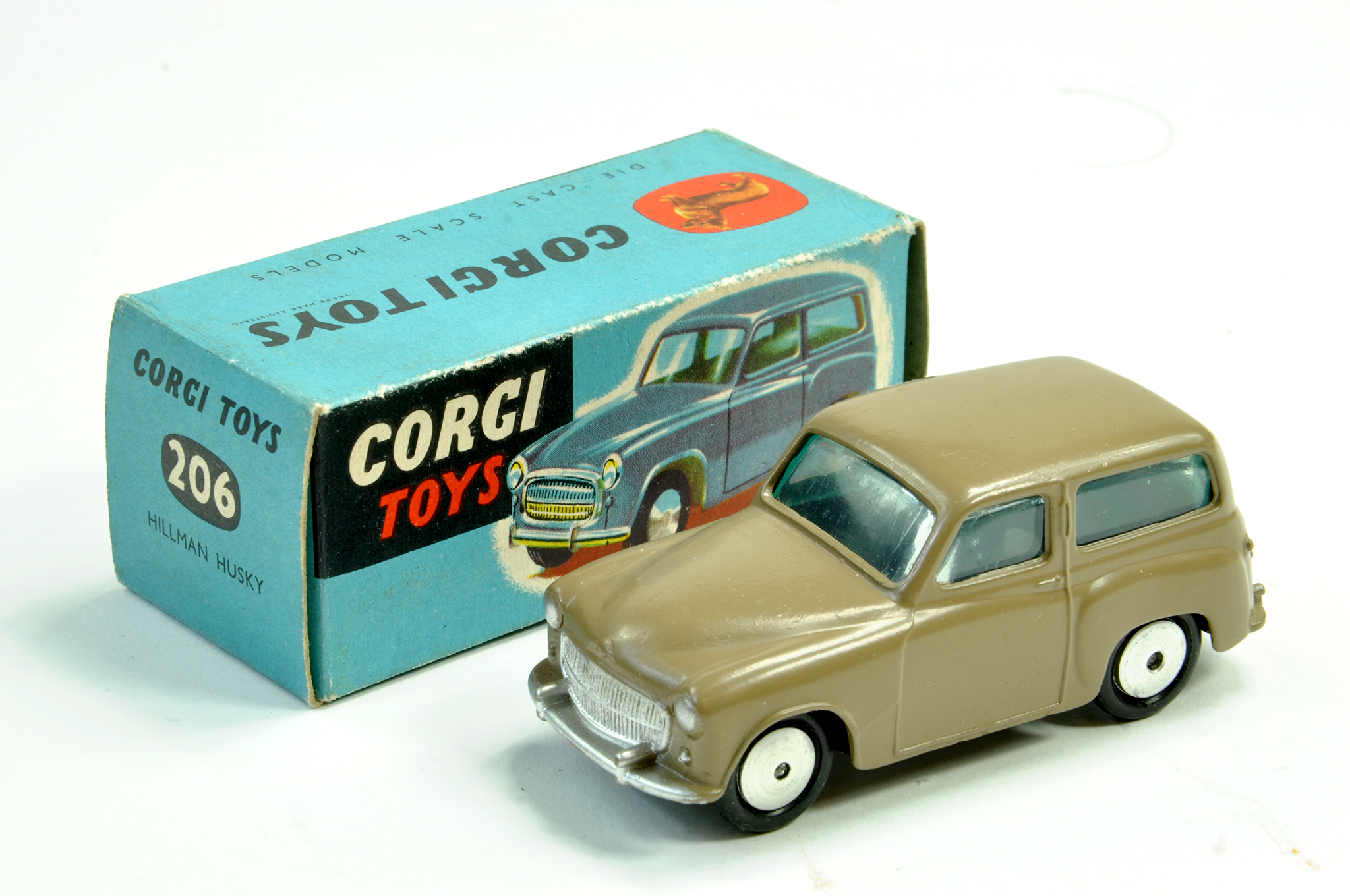 Corgi No. 206 Hillman Husky in fawn with silver trim and flat spun hubs. Generally excellent in very
