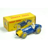 Dinky No. 23H Ferrari Racing Car with blue body, yellow nose and ridged hubs, racing number 5.