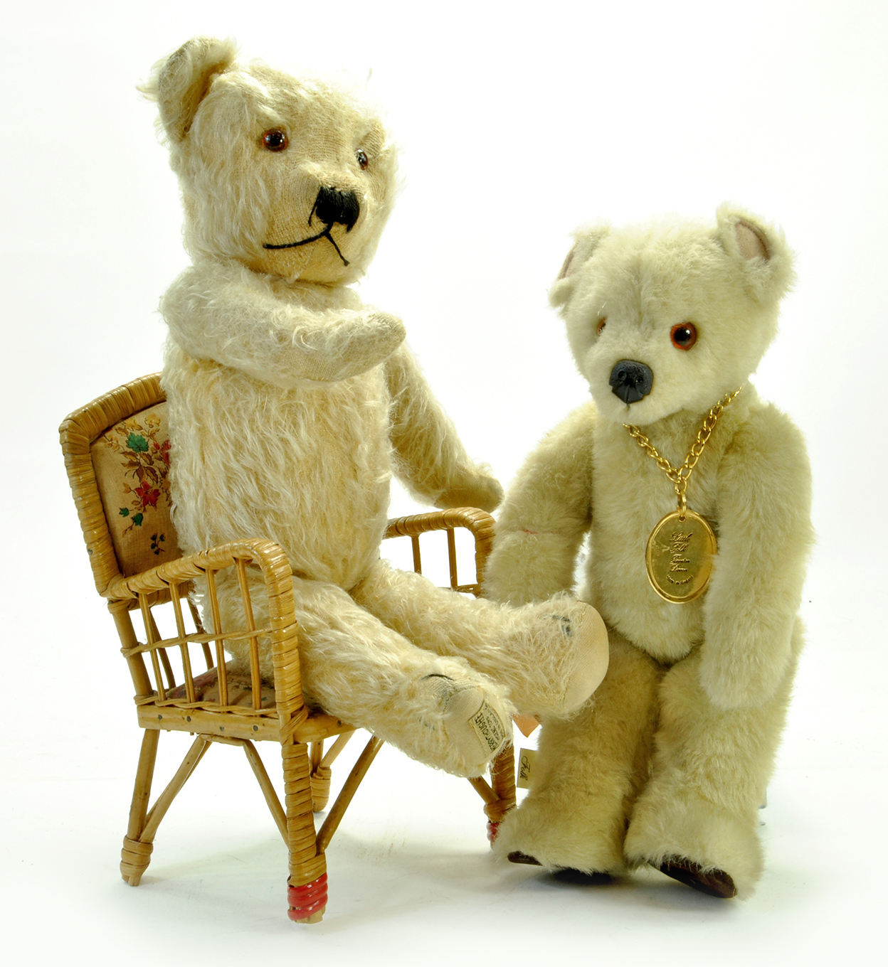 Little Folk Teddy plus Vintage Merrythought, 1930's Bear with woven label to right foot. 16" tall.