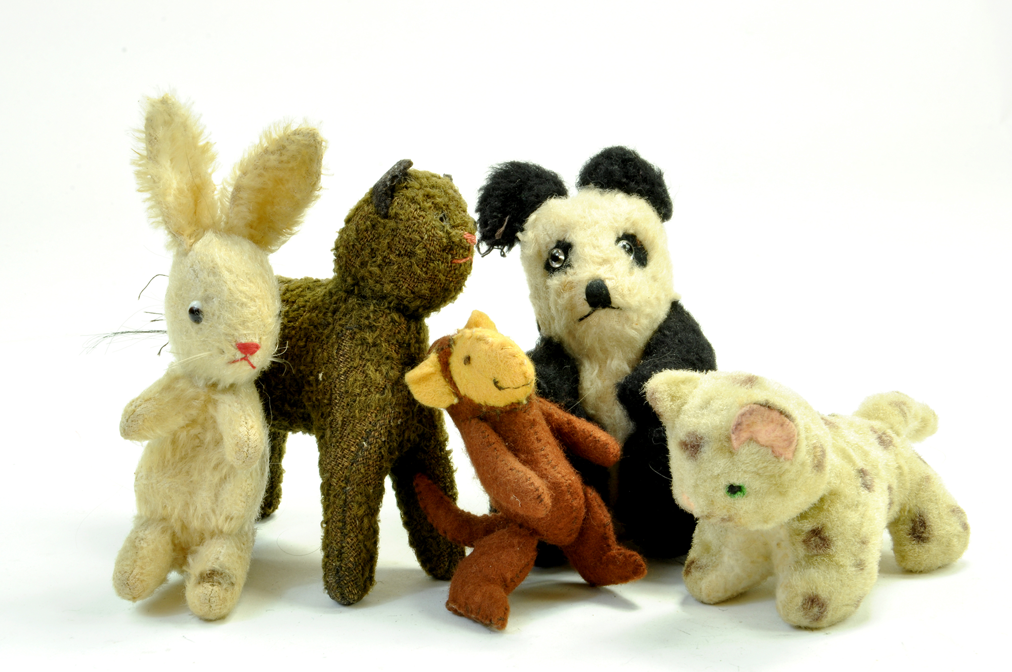 Vintage Issue Stuffed Animals comprising Begging Rabbit, Cat x 2, Panda and Monkey. Generally Fair