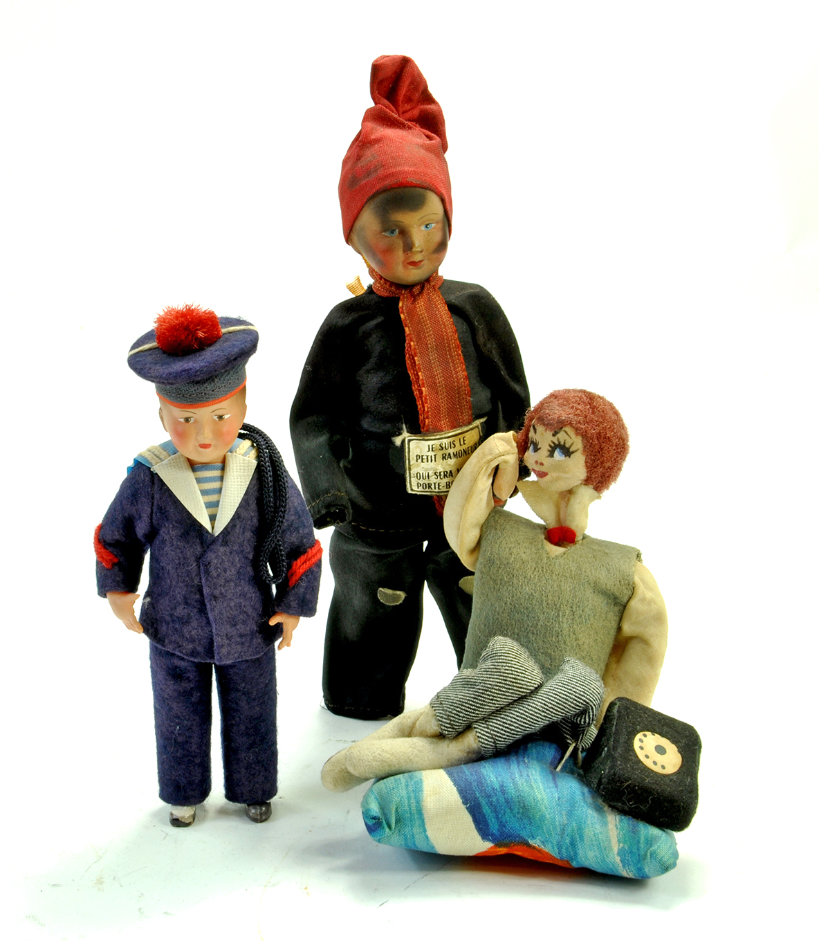 Interesting trio of vintage dolls comprising 7” Vintage French Chimney Sweep Doll (Traditional Lucky