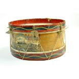 A vintage antique drum decorated with various illustrations. Skin is original. Still a bright piece.