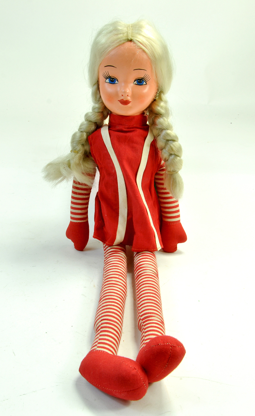 Vintage 20" 1970's Looby Loo Rag Doll. Plastic Face stripy Long Legs blonde Hair. Condition good,