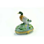 Limoges Vintage Peint Main Mallard Duck Sculptured Hinged China Trinket Box - 9.5cm - No faults.