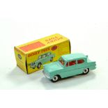 Dinky No. 155 Ford Anglia in turquoise with red interior, silver trim and chrome spun hubs.