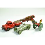 Interesting tinplate group including space gun from Marx, GAMA Fire Truck, Balloon powered racing