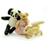 Vintage Panda Teddy Bear, looks homemade plus small 8.5" Teddy in pink knitted dress, enamled