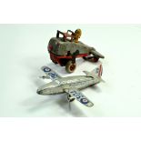 Duo of miniature tinplate aircraft comprising Mettoy issue and one other mechanical issue. Fair to